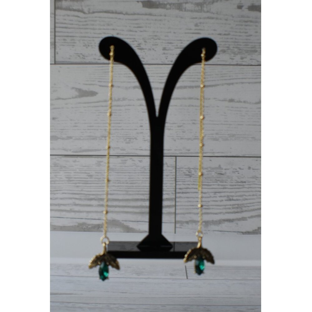 Preowned Gold Tone Drop Earrings with Green Stone Accent